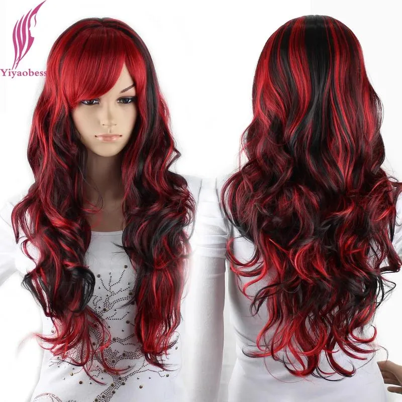 Perruques Yiyaobess synthétique noir rouge reflets perruque de cheveux avec frange Halloween Costume fête longue ondulée arc-en-ciel couleur perruques pour les femmes