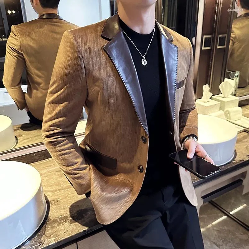 Men's Suits Handsome Leather Patchwork Suit Jacket Coat Thick Gentleman Party Single Western Wedding Dress South Korea Clothing