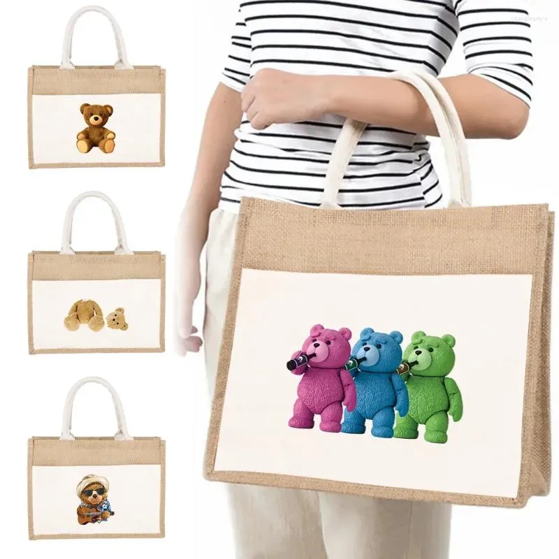 Сумки для покупок Джутовая сумка Льняные сумки через плечо Женские сумки с принтом медведя для продуктов