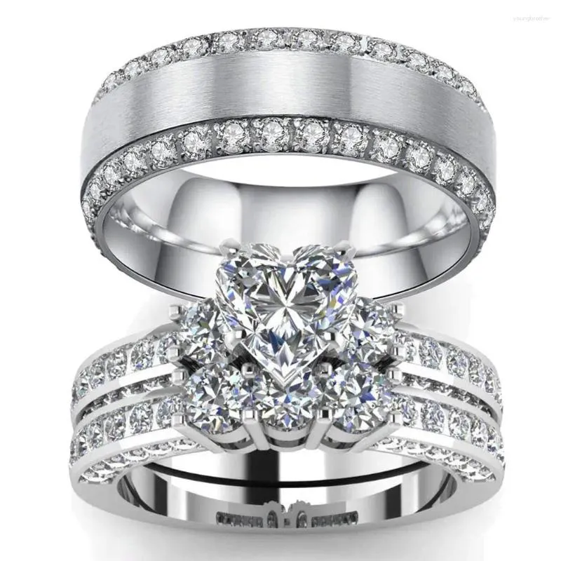 Anéis de cluster moda casal luxo mulheres coração strass zircon nupcial conjunto homens aço inoxidável cz anel casamento banda jóias presente