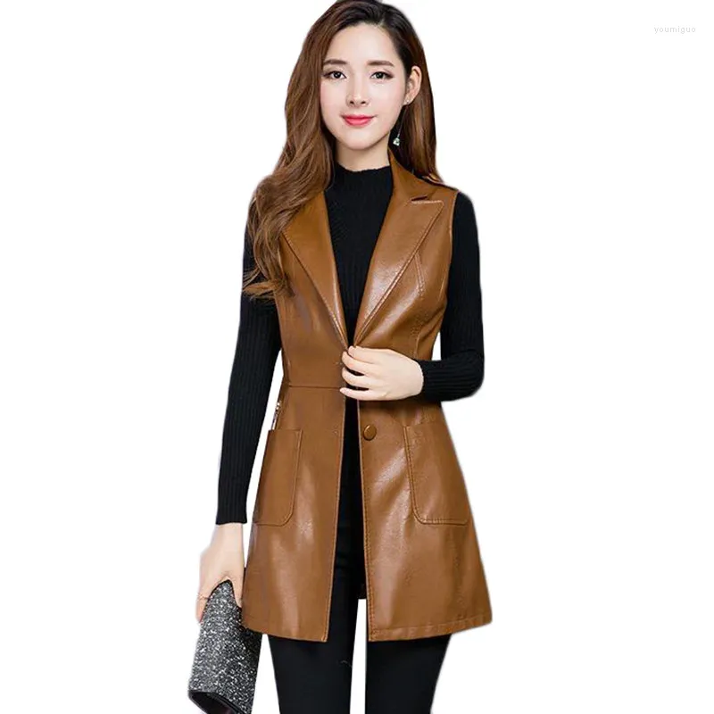 女性用ベストフェイクレザーベスト衣類2024秋のジャケット韓国のソリッドノースリーブミッドロングコートメスウエストコートアウターウェア
