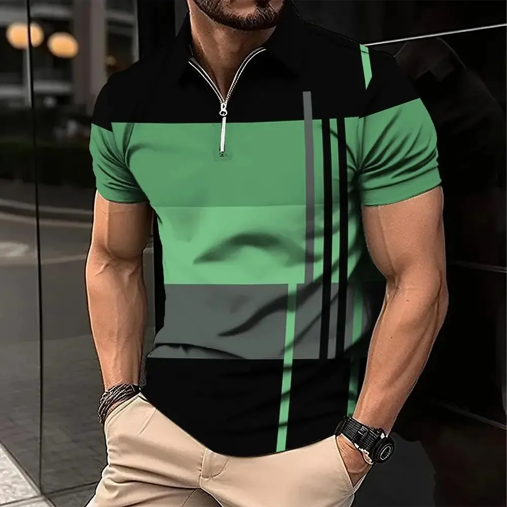 Erkek Zip Polo Gömlek 3D Stripe Baskı Moda Giyim Yaz İş Gündelik T-Shirt Erkek Polo Gömlek Zip Kısa Kollu Sokak Top 240103