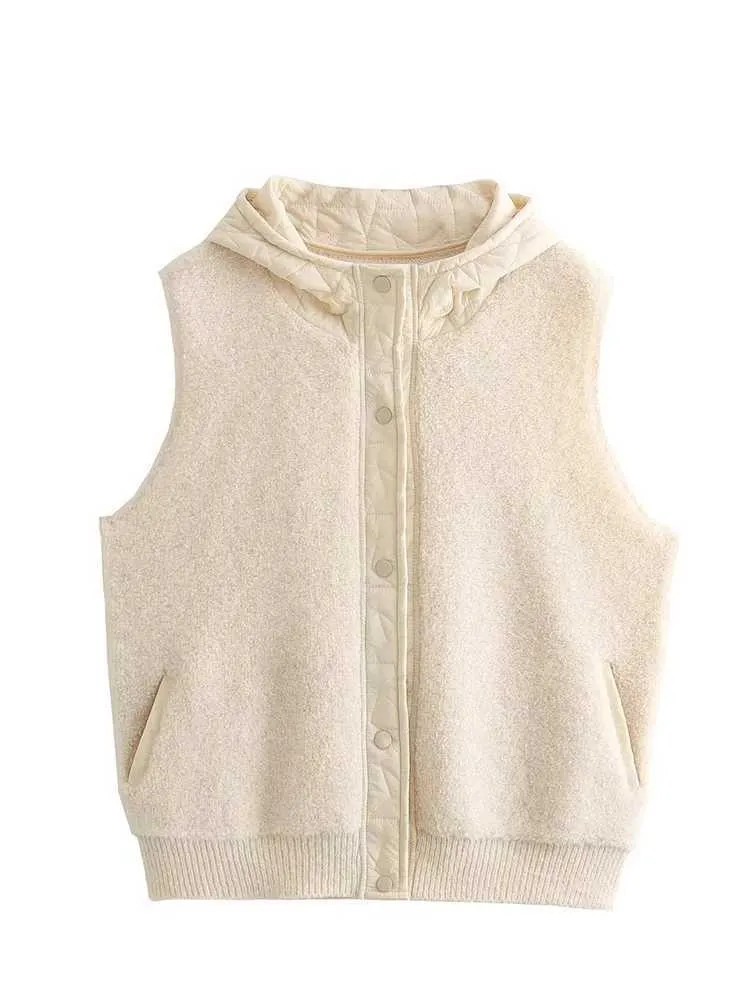 Kvinnors västar Nya kvinnors huva singelbröst Vest Lamb Fur Needle stickad skarvad ärmlös kappa Löst vinter Autumn Jacka Waistcoat J240103