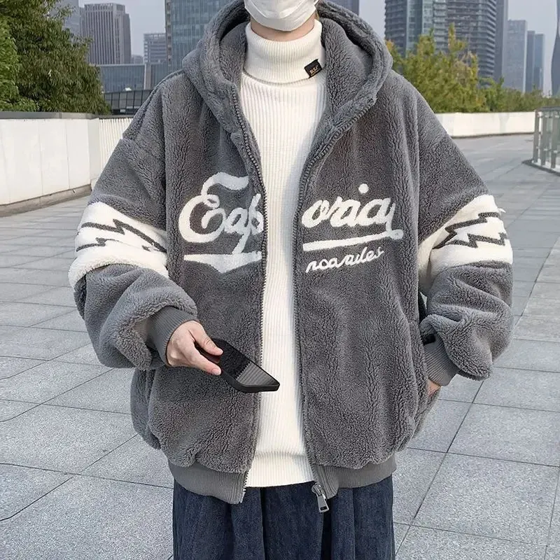 Mens Winter Lamb Fleece Hoodie - Thickened Korean Style Y2K