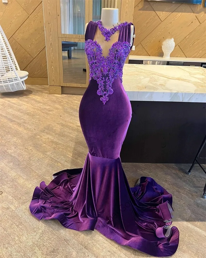 Abito lungo da ballo viola con scollo a O per ragazze nere 2024 Abiti da festa di compleanno con applicazioni Abiti da sera a sirena Robe De Bal