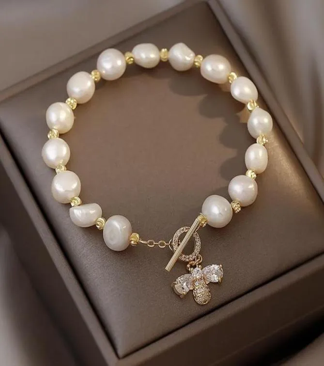 Pulseras de perlas de agua dulce barrocas con hebras de cuentas para mujer, estilo Retro, circonita de abeja, lujo ligero para hebilla, elegante y a la moda S6354034