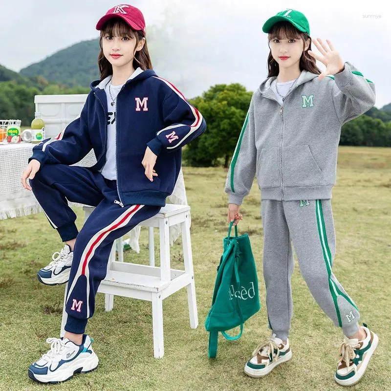Clothing Sets Spring Autumn Girls Cotton Alphabet Striped Hooded Zip Sweat Jacket Sweatpant School Kids Tracksuit Child Jogger Outfit 3-16