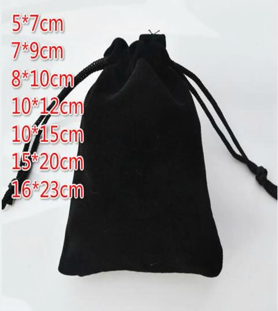 Ship 100pcslot 5x7 7x9 8x10 10x12 1015 1520 1623cm Black DrawString Velvet Bags Pouchs smyckesäckar Present Packagi5389425