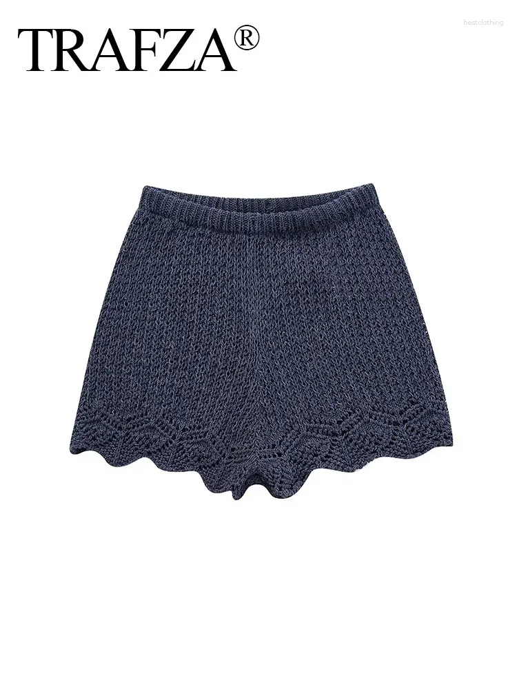 Shorts pour femmes TRAFZA Femmes Ins Creux Out Tricot à manches longues Pantalon court Costume Pull léger Pull Tops O-Cou