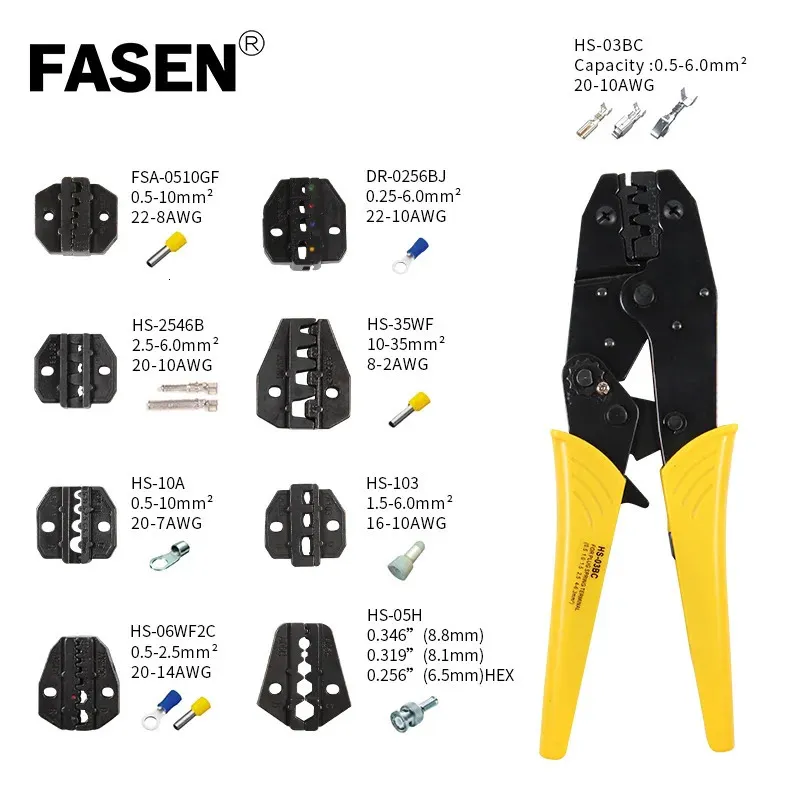 HS03BC Crimping -tång 8 käke för plug -springtubeLeLindesnon isolerade crimping Capcoaxial Cable Connector Kit Clamp Tools 240102