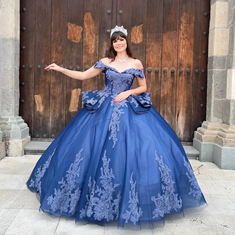 Königsblaues, schulterfreies Ballkleid-Quinceanera-Kleid, glänzende Applikation, Spitze, Perlen, Tüll, Korsett, Sweet 16, Vestidos, 15. Dezember des 15. Jahrhunderts