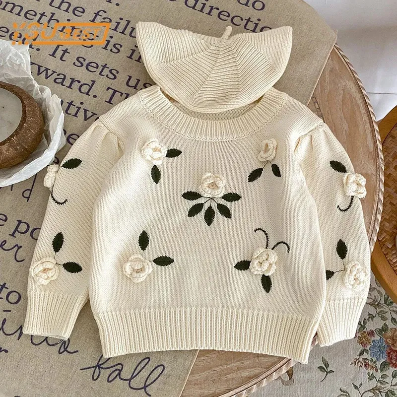 Doce bebê meninas suéteres outono crianças bebê meninas manga longa flor bordado tricô pullovers crianças suéteres 240103