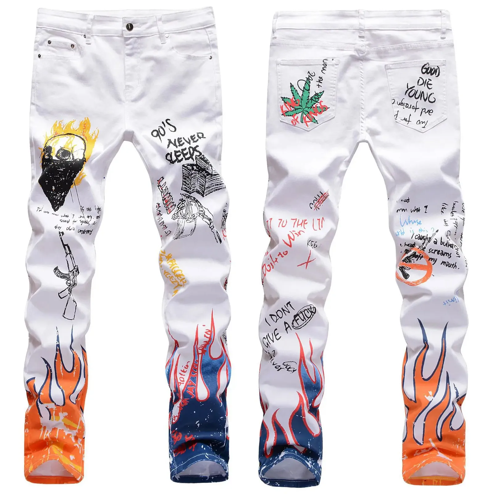 Pantaloni in denim 3D elasticizzati da uomo in stile americano europeo High Street Jeans con disegno graffiti con teschio con stampa colorata; 240103
