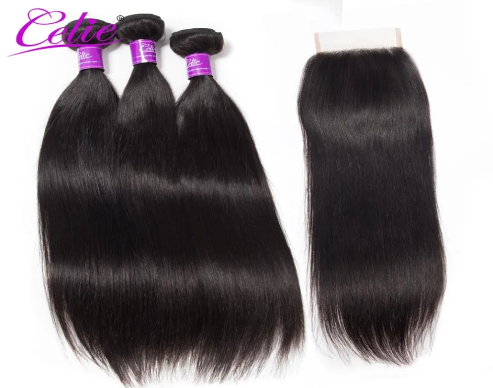 Celie Hair Straight Peruansk hårbuntar 44 Spetsstängning 3 Bunds Remy Weaves 100 Human With Stängning4581599