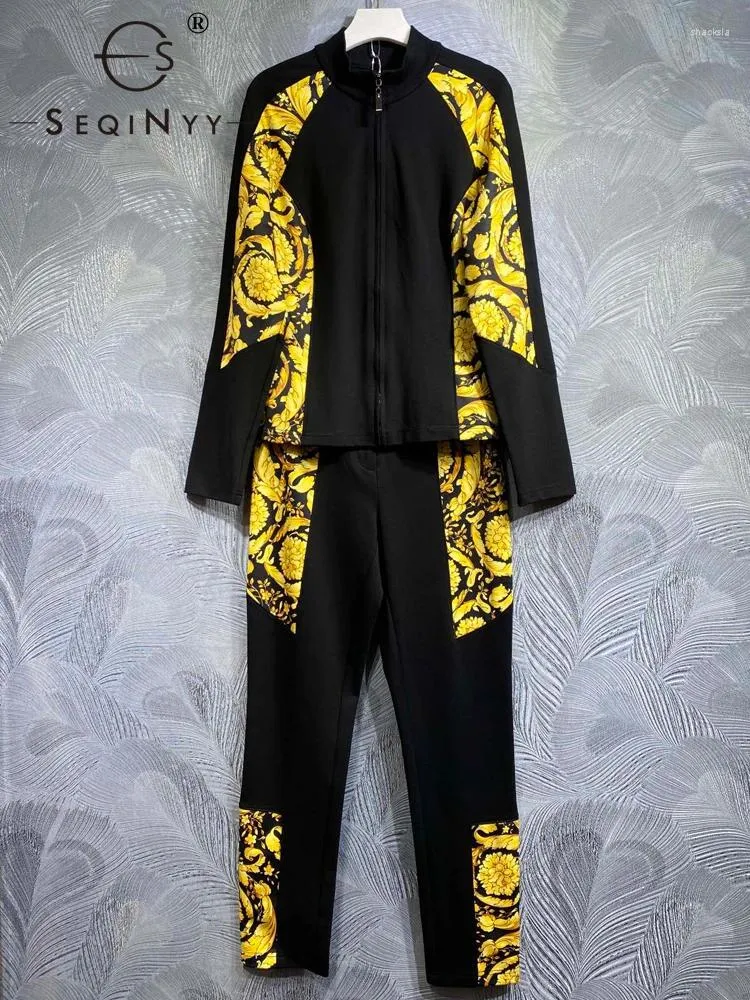 Dames tweedelige broek SEQINYY zwart casual pak lente herfst modeontwerp dames runway high street jas vintage gouden bloemenprint