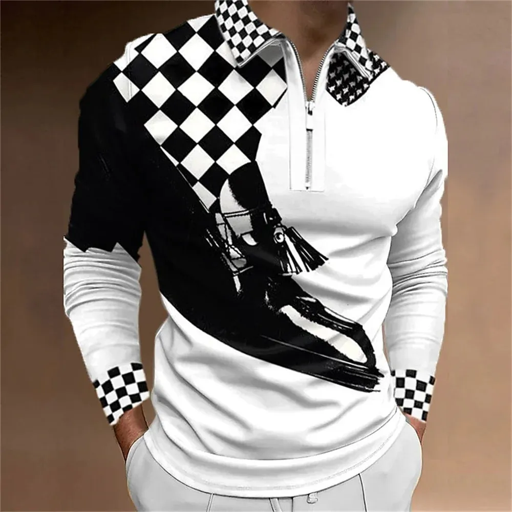 Herrpolo skjorta golfplädtryck 3d tryck gata långärmad blixtlåsskläder kläder sport mode streetwear designer 240103