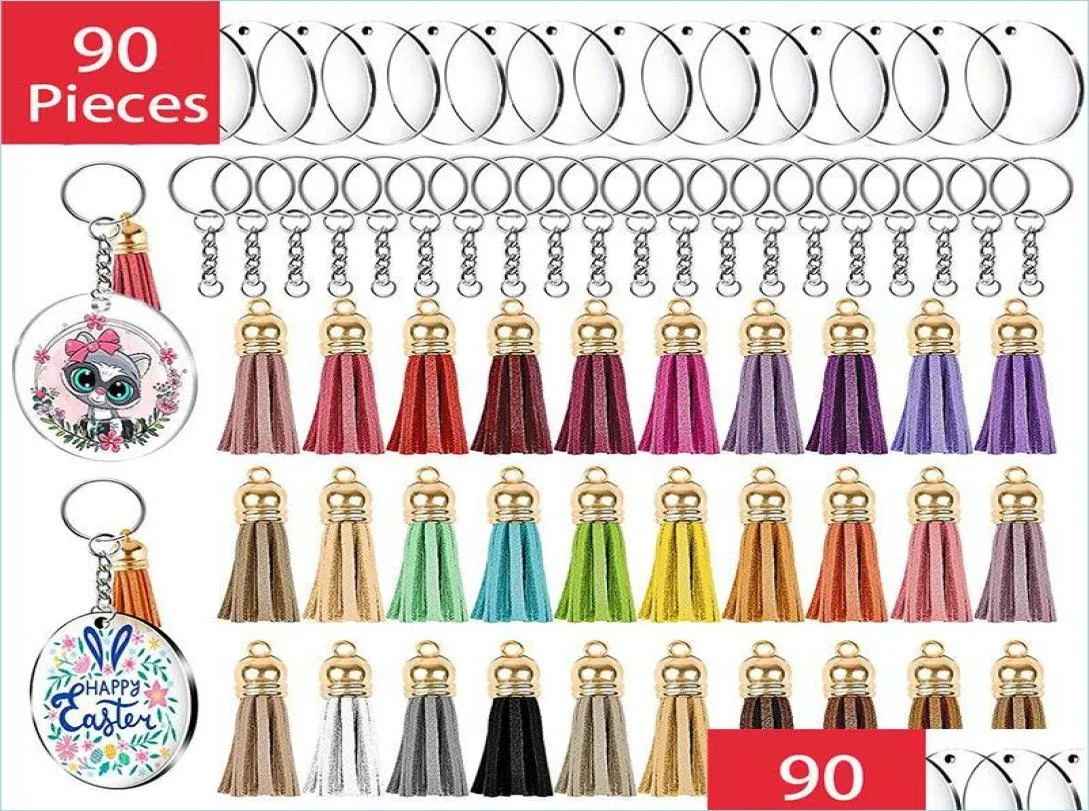 90-delige acryl transparante cirkelschijven sleutelhanger blanco Colorf kwastje sleutelhangers met ketting ringetjes voor doe-het-zelfproject Bdejewe5993867