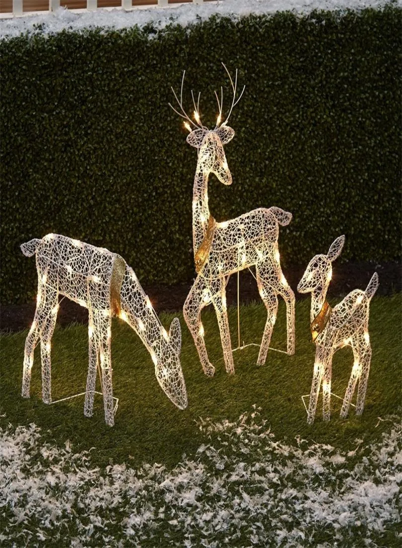 Decoraciones navideñas, juego de 3, ciervo blanco brillante, decoración navideña iluminada para exteriores, decoración navideña para exteriores, decoración de invierno F7008456