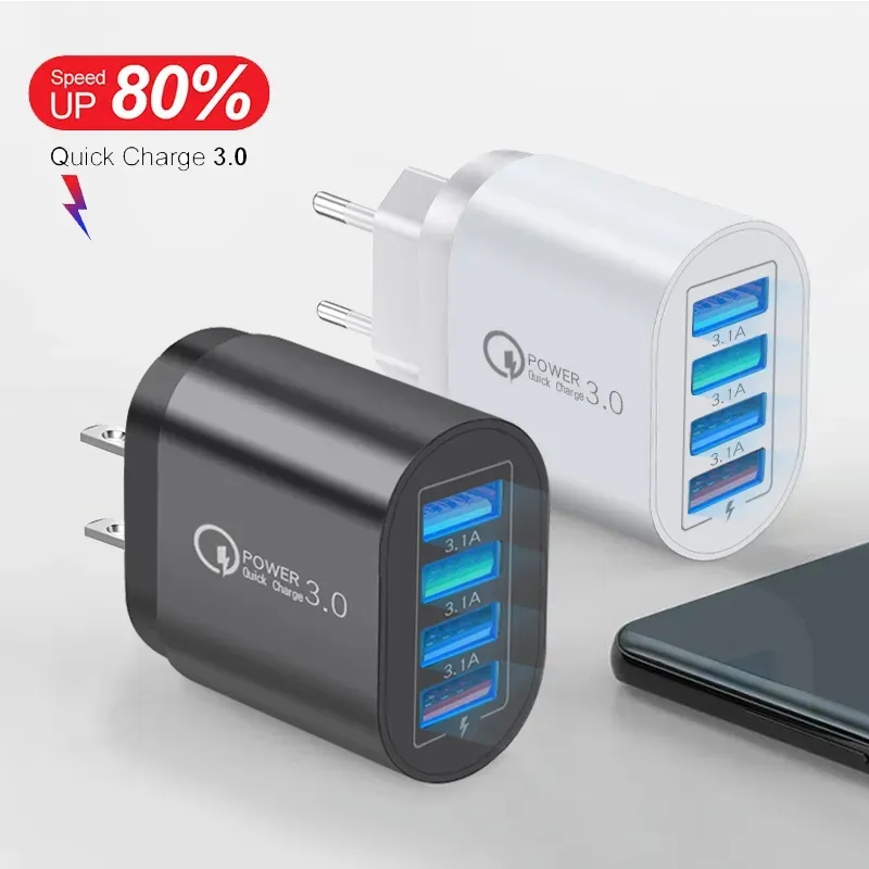 USB充電器3Aクイックチャージ3.0 4ポートUSB携帯電話壁充電器アダプター用iPhone 15 Samsung S24 Xiaomi OnePlus Fast Charger