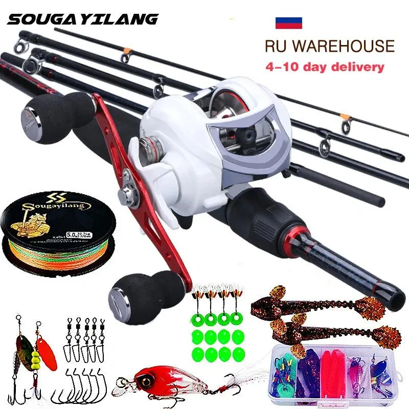 Combo Sougayilang Carbon Fiber Casting Fishing Rod and Baitcasting Fishing Reel Set with Fishing Line Fish Lure Fishing Hooks Full Kit