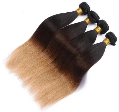 Tressen, peruanisches glattes Echthaar, Remy-Haarwebart, Ombre, 3 Töne, 1B/4/27 Farbe, Doppeltressen, 100 g/Stück, kann gebleicht gefärbt werden