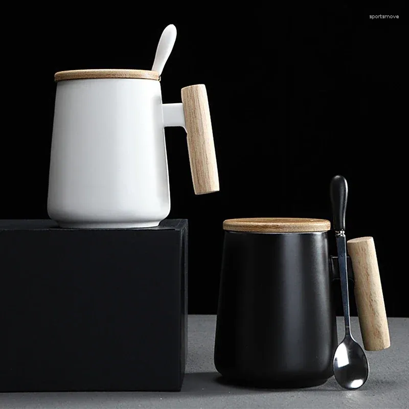Tasses 500ML Vintage poignée en bois tasse à café en céramique avec couvercle en porcelaine thé tasse à lait Drinkware cadeau pour couple bureau