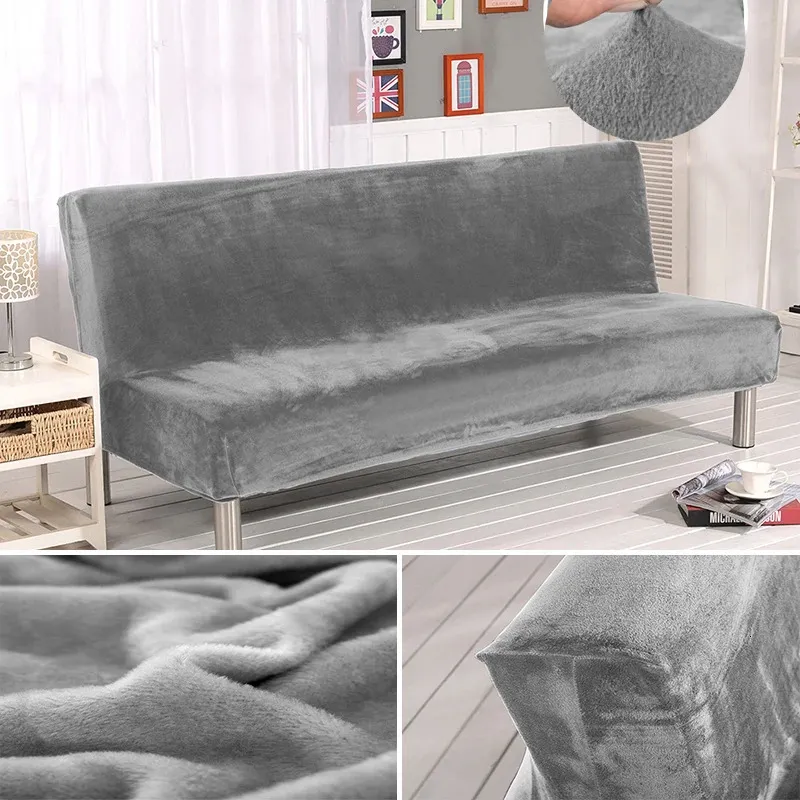 Velvet Plush Armless Soffa Bed Cover Folding Seat Slipcover Modern stretchbäddsoffa täcker elastiskt soffskydd hem el 240103