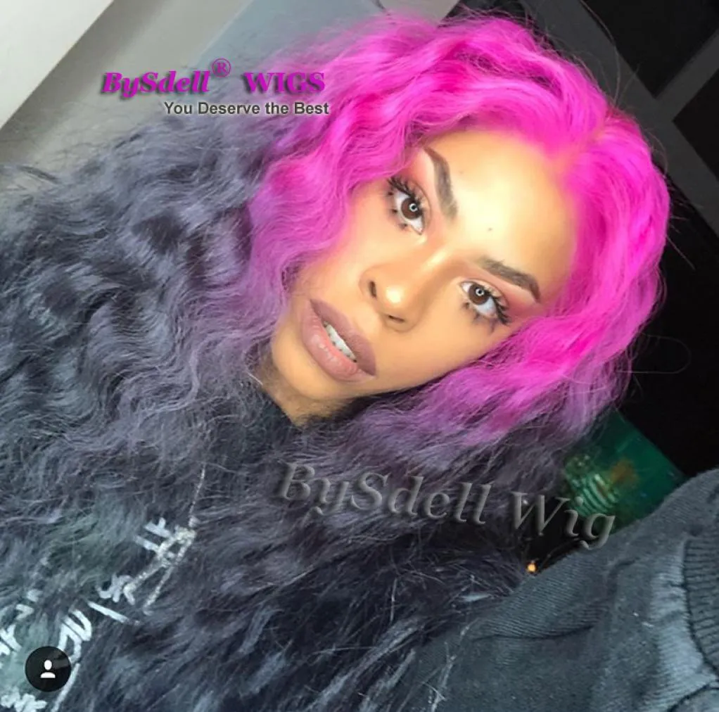 High Similation human hair front lace Wig Purple Pink Ombre off Black Color Lace Front Wig Long Kinky curly straight hair full Wi9634222