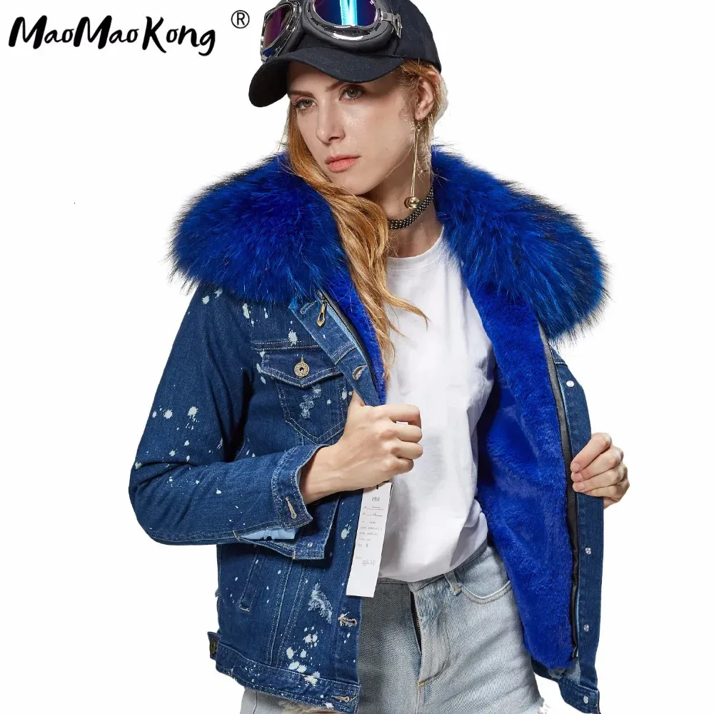 Maomaokong Autumn Winter Coat Women Denim Jacket Girl Bomber Faux Fur Tjock Foder Raccoon Big Collar 240103