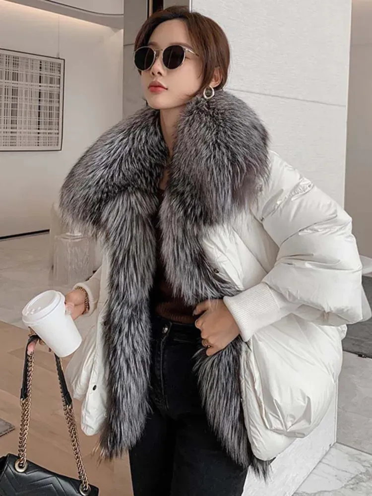 Oversized Winter Warm Real Fox Fur Collar Black Down Coat Women Puffer Outerwear Jackets Autumn Winter 240102