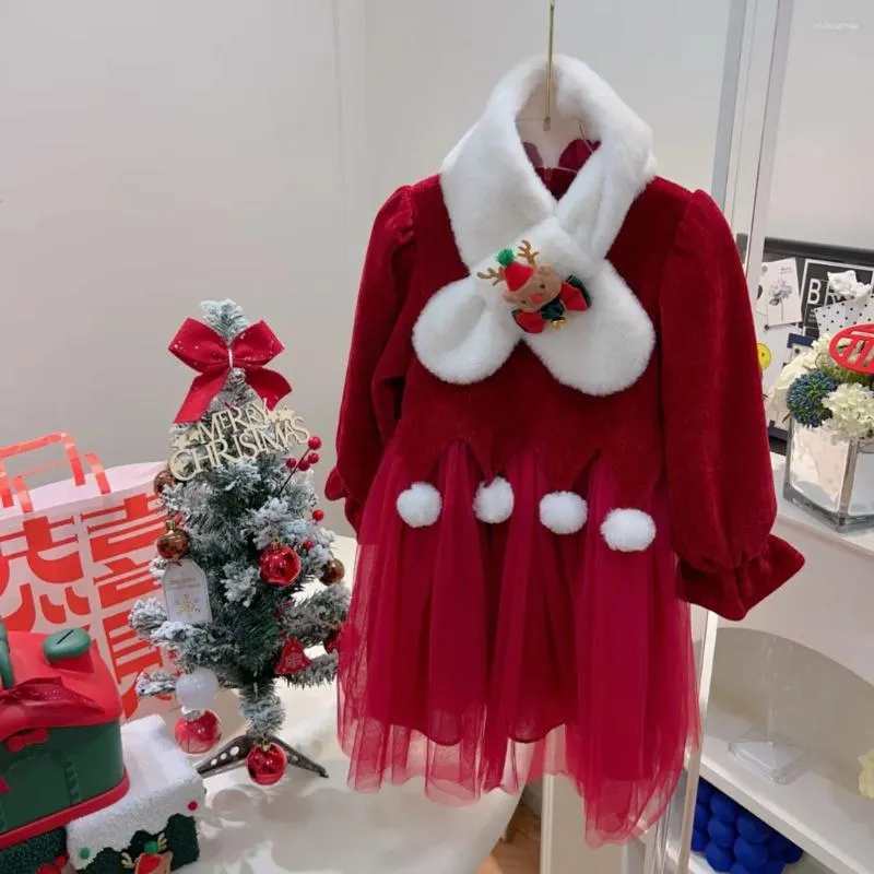 Платья для девочек, новинка 2024 года, детская одежда, зимняя теплая красная сетчатая вельветовая юбка с длинными рукавами для девочек, JF1478