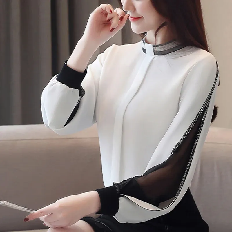 Sexy casual oco para fora malha camisa coreana elegante fino gola feminina topos blusa chiffon blusa diamantes 240102