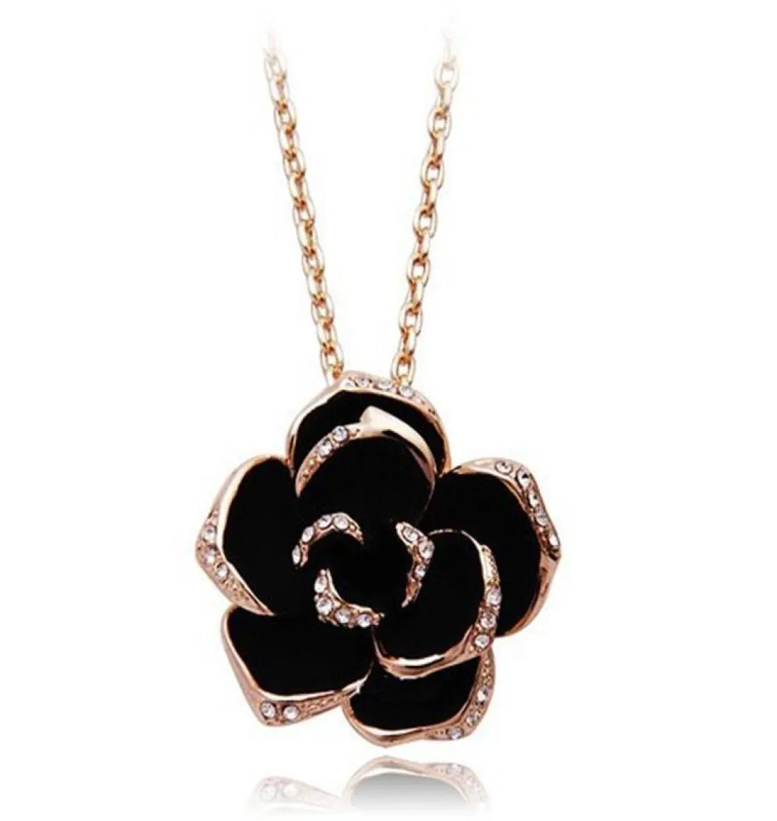 Marke Camellia Design Anhänger Mode Frauen Goldfarbe Schwarz Malerei Rose Blume Halskette Für Hochzeit Halsketten8473927