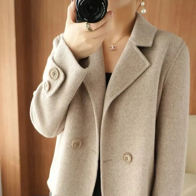 Double-Sided Wool Coat Women's Short High-End Casual Tweed Suit Jacket Blend Wool Coat Black Double Breasted Blazer Female 240102