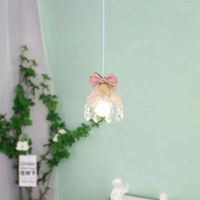 Pendant Lamps Pink Bow Lamp K9 Crsytal Decoration For Princess's Room Children's Bedroom Entrance Foyer Dining-room Bar Hanging Light