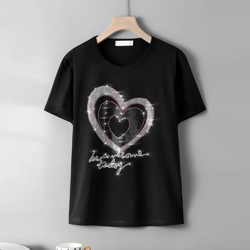 Shirts Summer New Fashion Shortsleeve Tshirts Female Personality Heart Pattern Hot Diamonds Loose High Quality Round Neck Women Tops