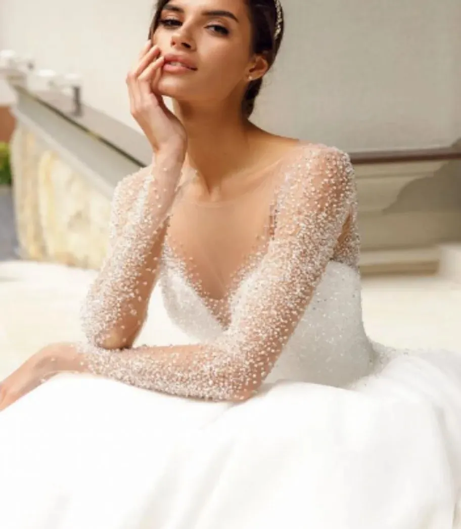 beaded lace wedding dress with plunging neckline Plunging Neck Beaded Lace Destination Sequined Bridal Dress