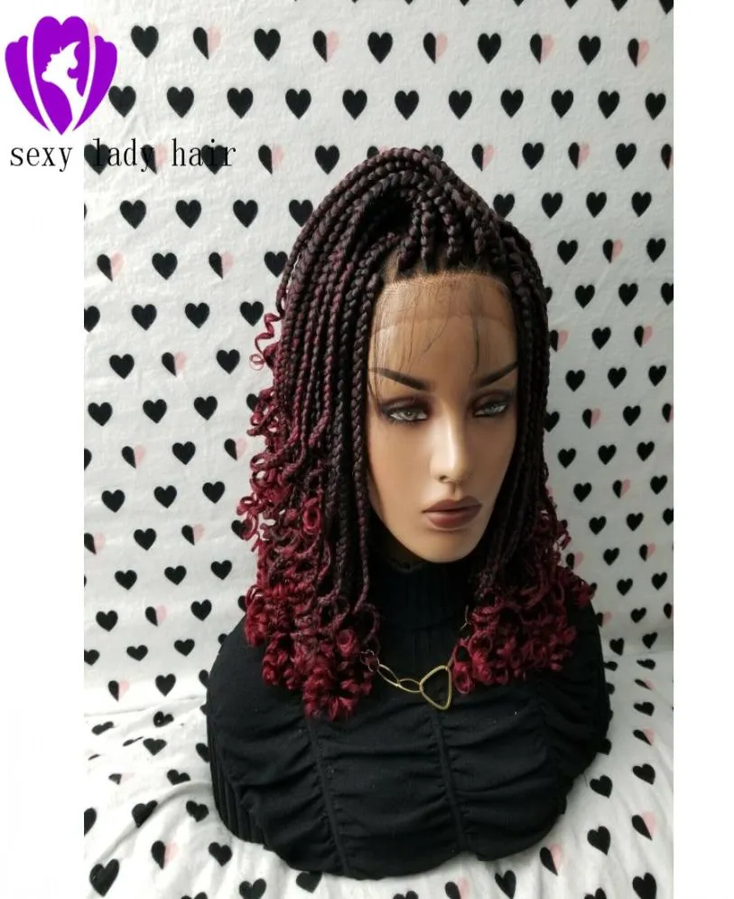 Fashion pleciony perukę Afroamerykanin Ombre Red Red Braided Lace Koronorologiczne przednie syntetyczne krótkie peruki z kręconymi końcówkami dla 3618023