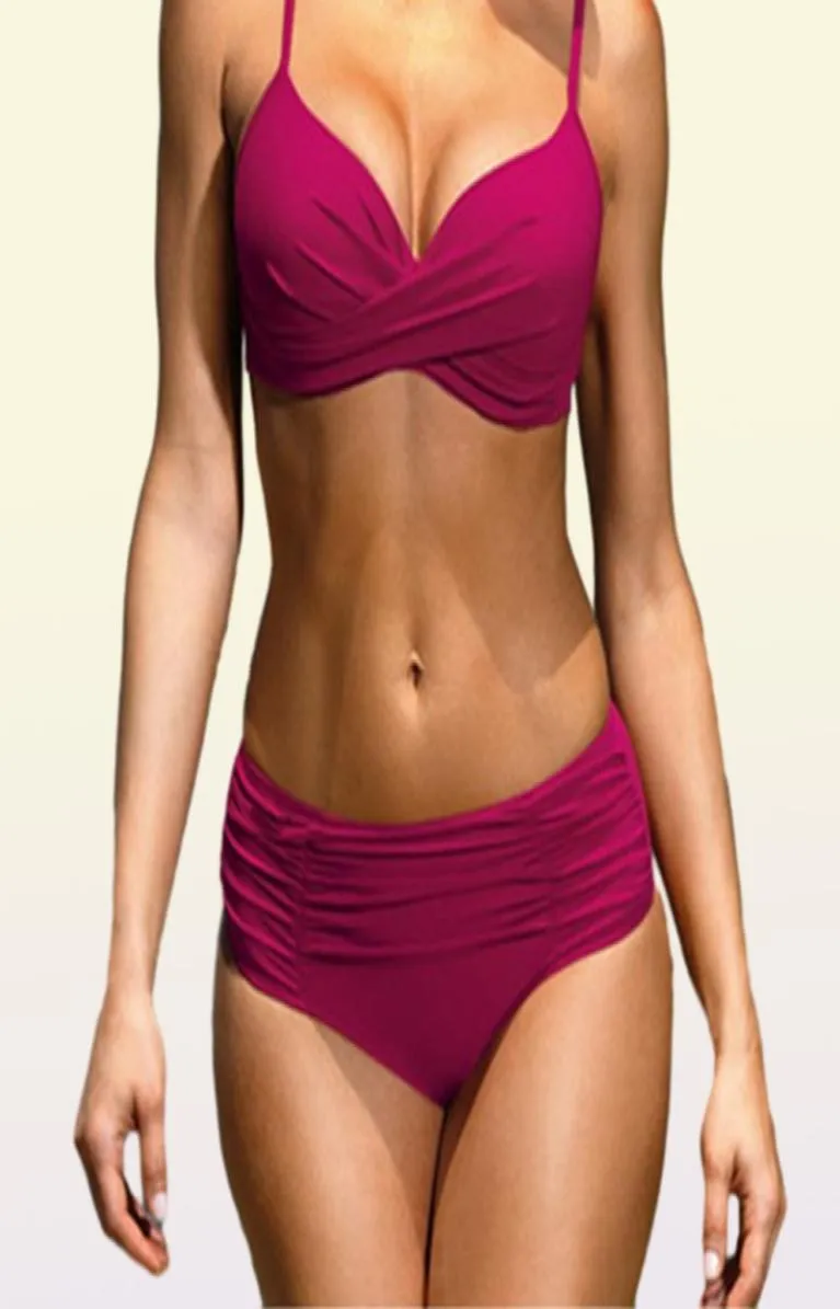 Seksowne push u upkie stroje kąpielowe kobiety Kobiety o wysokim talii stały kolor bikini zestaw bikini na plaży BIQUINI Kąpiel Kobiet 2206292297269