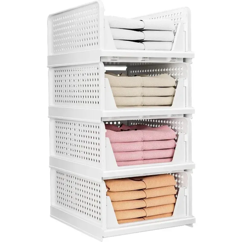 CTSNSLH 4 Pack Folding Closet Organizers Storage Box Stackable Plastic Drawer Basket for Clothing16D X 13W X 6.65H 240103