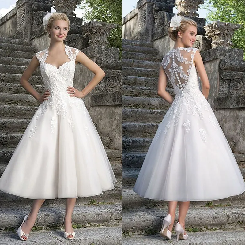 Abiti da sposa linea A lunghezza tè Applicazioni in pizzo Abiti da sposa vintage Bottoni posteriori Illusion Abito da sposa classico da giardino 2024