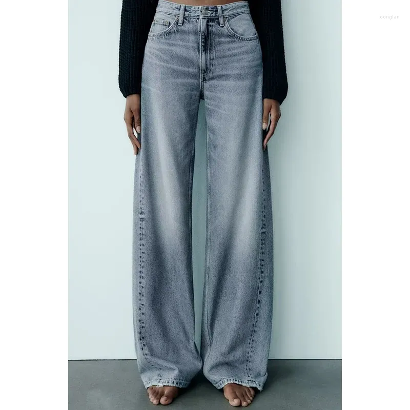 Kvinnors jeans ljusblå kvinnor hög midja vintage y2k stil rak baggy grå byxor amerikansk mode gata 2024 bred ben denim tru