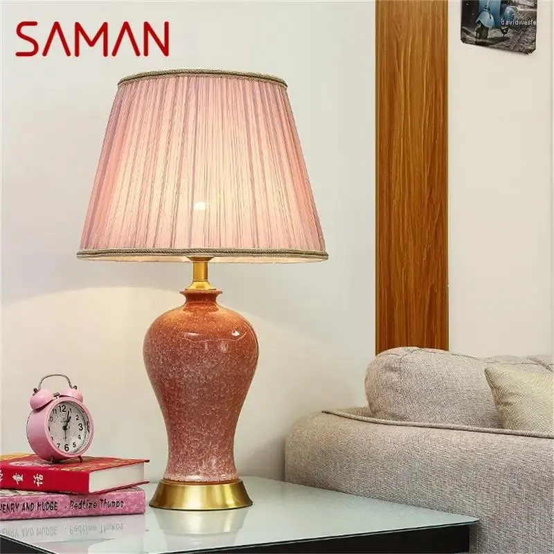 Lampes de table SAMAN Céramique Rose Luxe Cuivre Bureau Lumière Tissu Pour La Maison Salon Salle À Manger Chambre Bureau