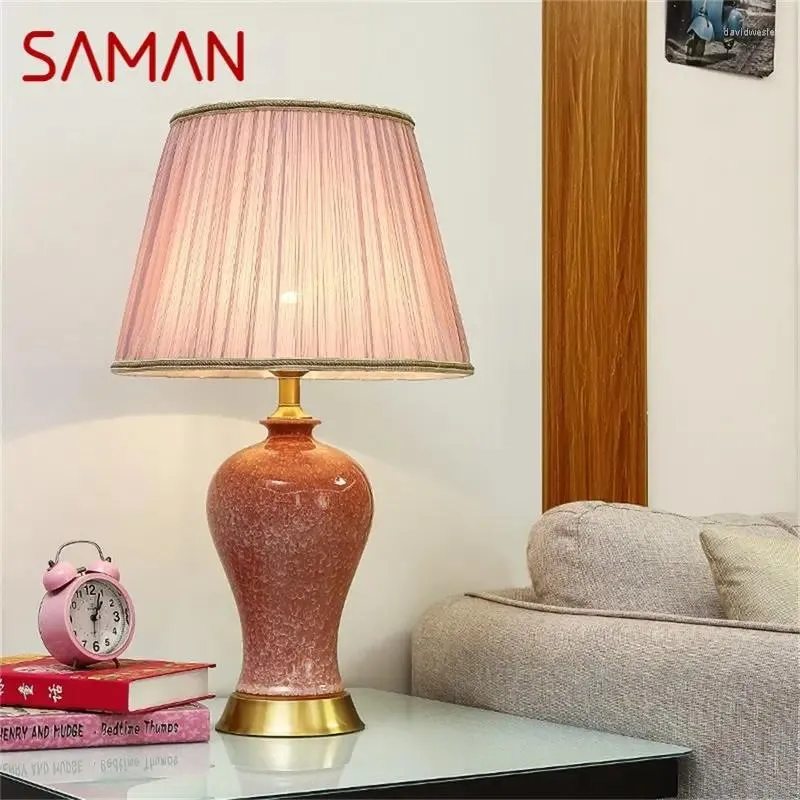 Lampade da tavolo SAMAN Ceramica Rosa Lusso Rame Scrivania Tessuto leggero per la casa Soggiorno Sala da pranzo Camera da letto Ufficio