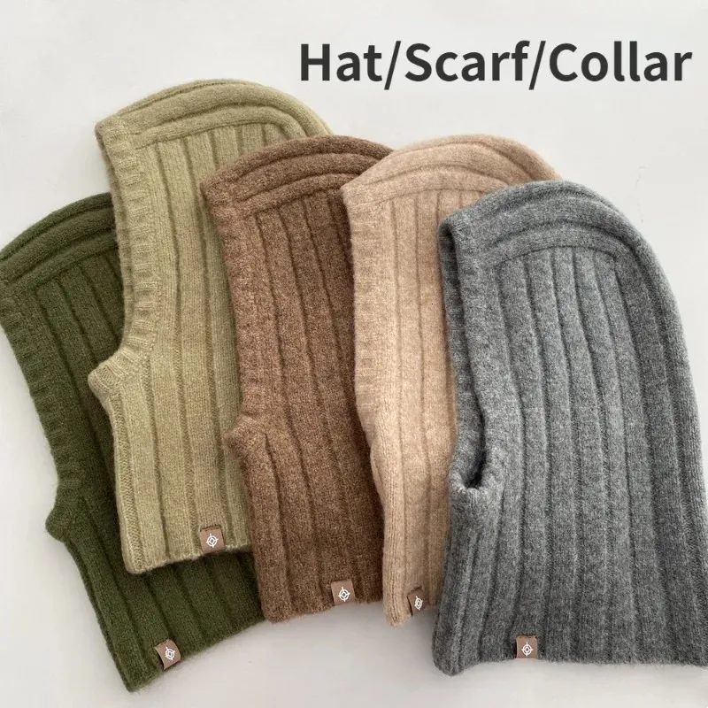 Korean Wool Balaclava Hat Women's Winter Ins Neck Scarf Knitted Hooded Caps Thickened Neck Collar Beanies Hat 240102