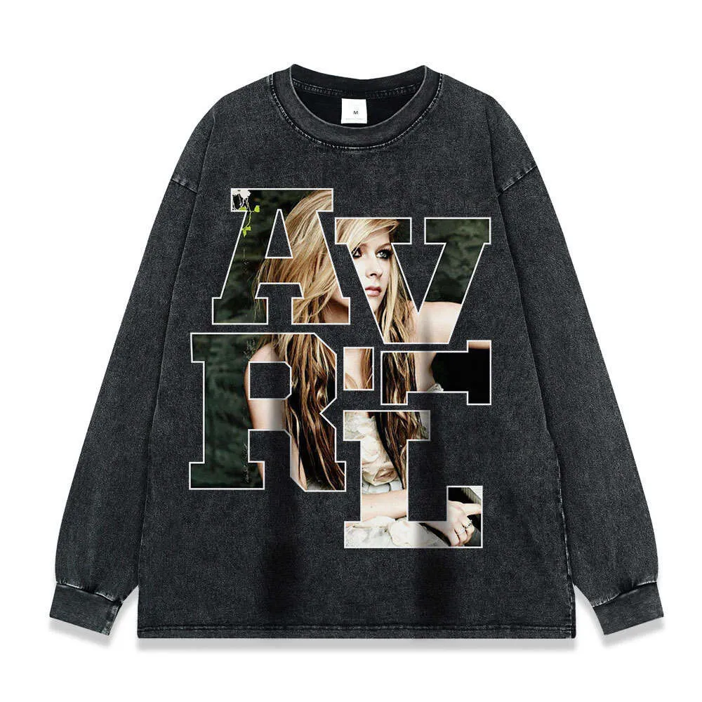 Cross Border Hot Selling European and American Female Singer Series Printed Heavyweight Washed Old Long Sleeved T-shirt for Men, American