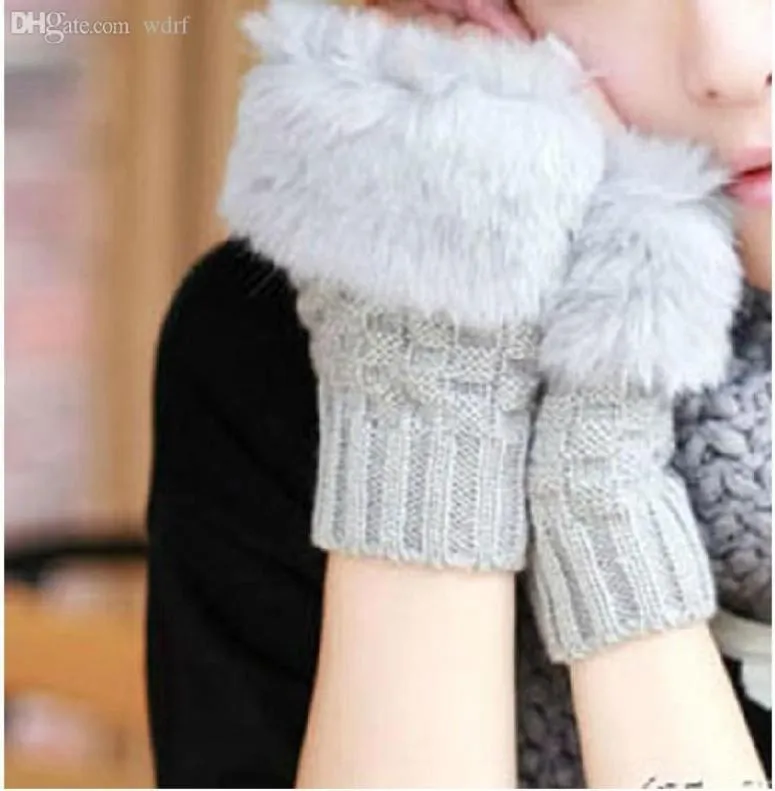 Wholepopular Brand Design Faux Fur Winter Gloves Ed Weaving Sticked 15cm Fingerless Gloves Women 6 Colors Gloves Mantens1766311