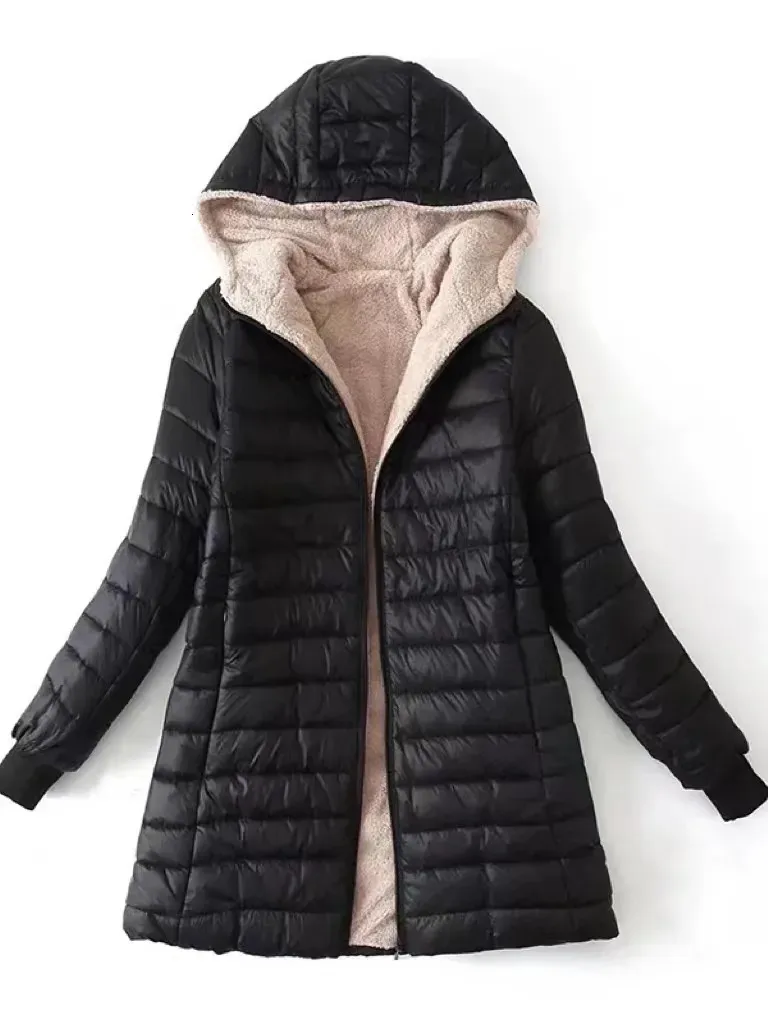 Vinter Midlength Hooded Cotton Jacket Women Autumn Lightweight Plush Foder Solid Ladies Parka Loose Female Zipper Outwear 240103