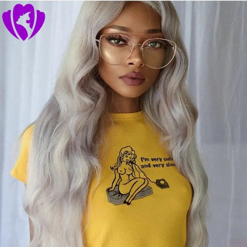 Pruiken 180 dichtheid volledige lange grijs witte synthetische kant body wave pruiken voor blanke vrouwen middendeel kunstmatige pruik cosplay