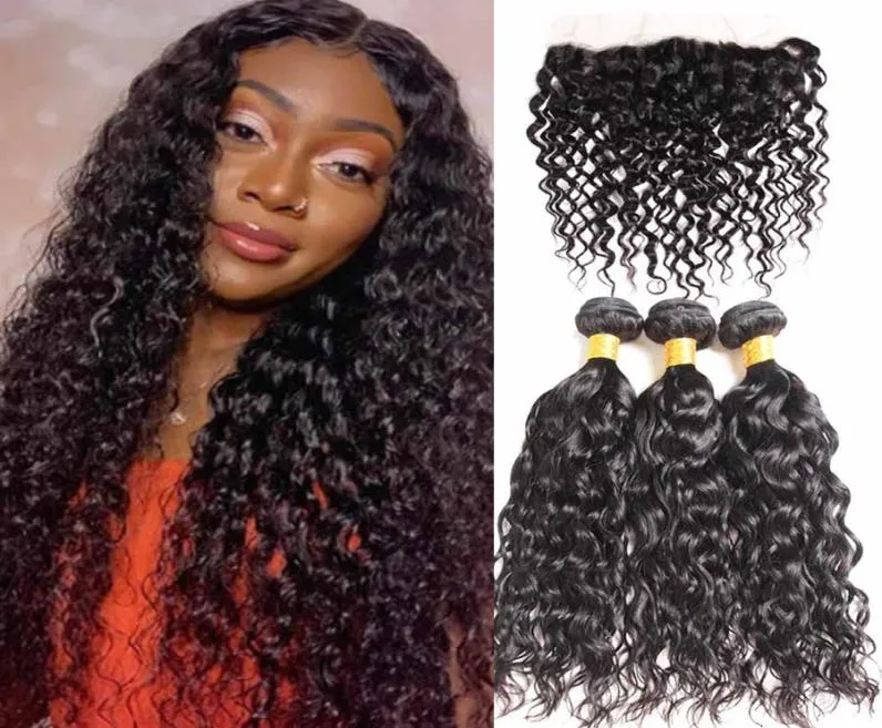 Malaysian Malasian Water Wave 3 Bundles with lace frontal Ocean wave hair extension bouncy curly weave bundles wet and wavy human 2940461